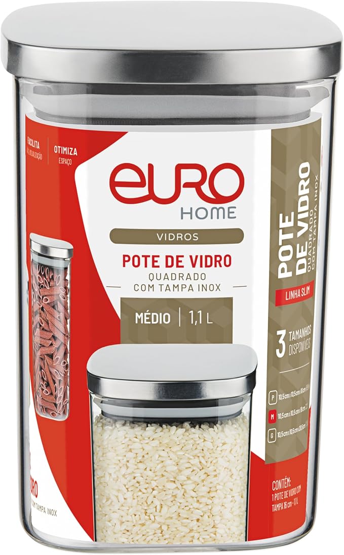 POTE DE VIDRO SLIM COM TAMPA DE INOX 1,1L