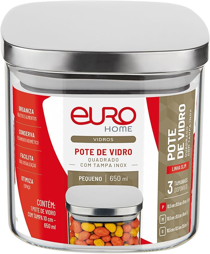 POTE DE VIDRO EURO SLIM COM TAMPA DE INOX 0,6