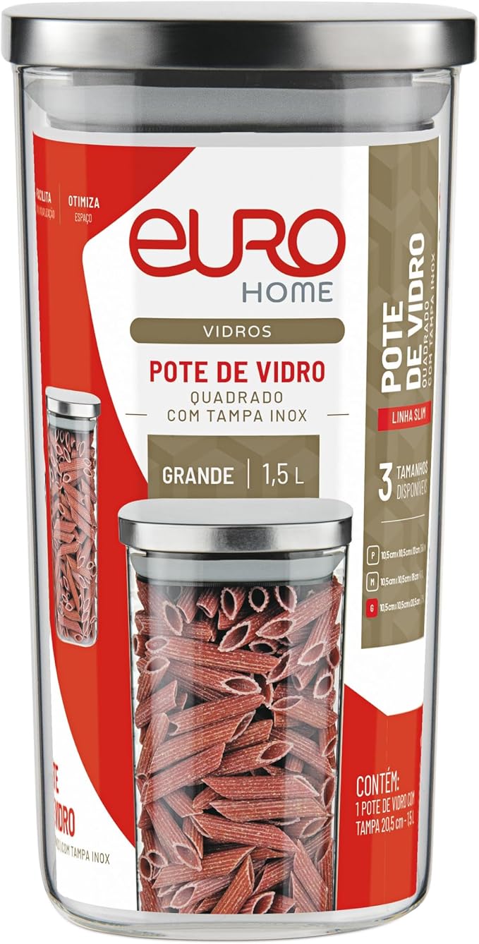 POTE DE VIDRO SLIM COM TAMPA DE INOX 1,5L