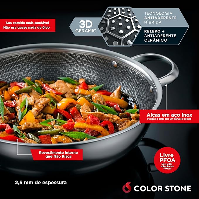 WOK HEXXA 3D CERAMIC 32 CM COM ALÇA