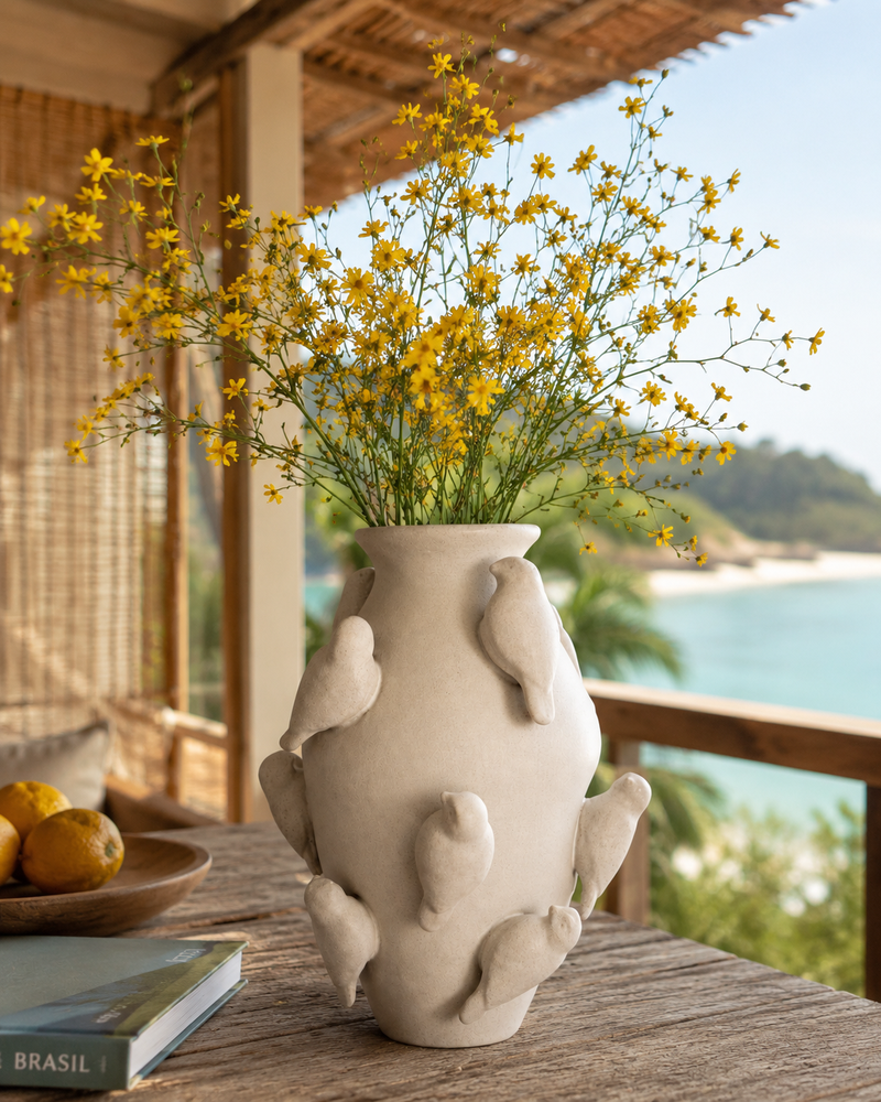 VASO PASSAROS EM CERAMICA BRANCO GRILLO